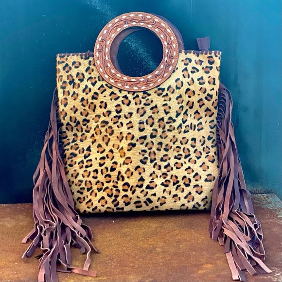 Leopard Tooled Leather Handle Fringe Purse